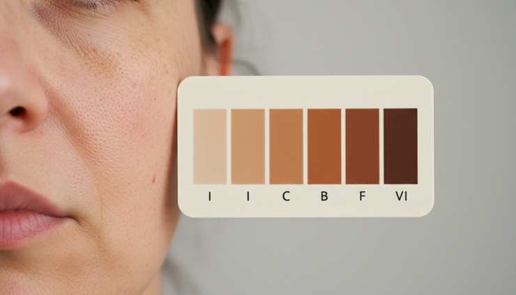 Close-up view of textured skin beside a simple Fitzpatrick skin tone reference card.