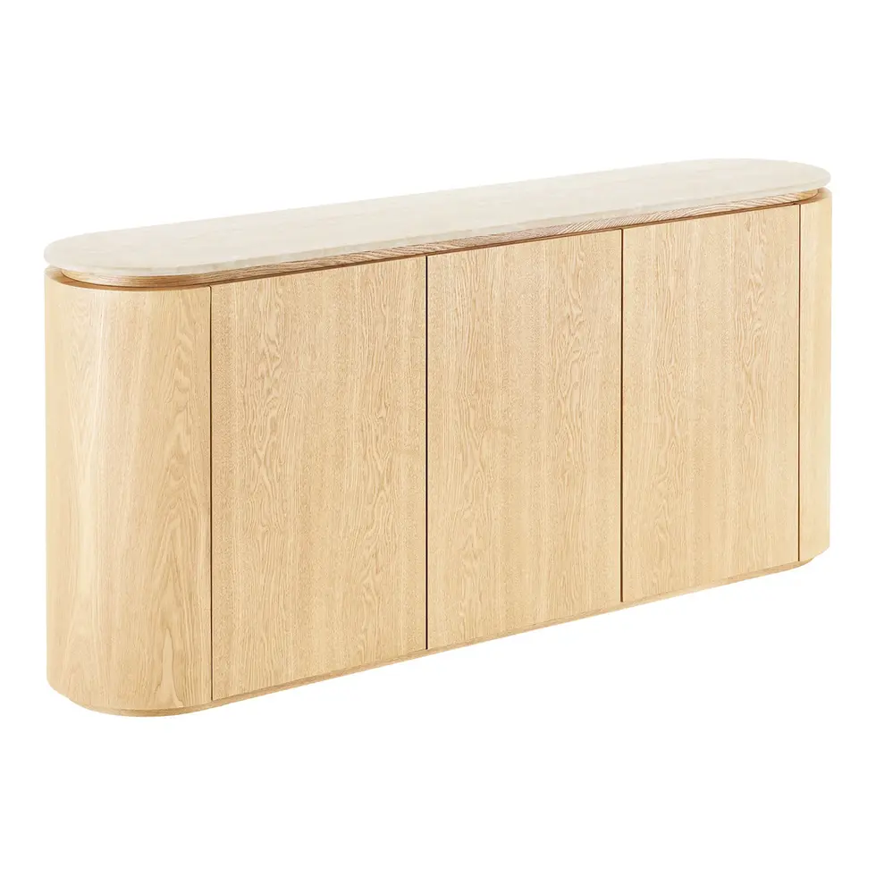 Buffet en frêne naturel avec plateau en granit blanc cassé et portes arrondies.