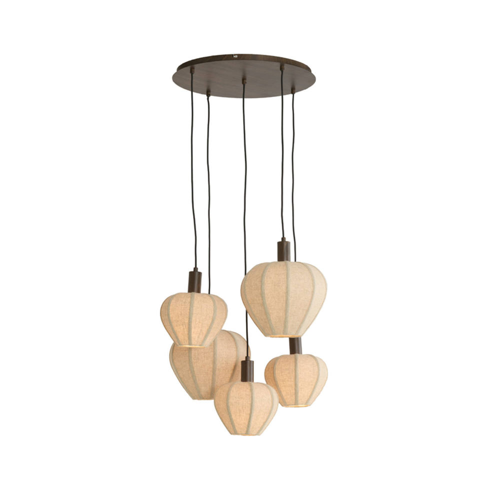 Suspension 5 lumières HUXI abat-jours lin naturel base bois brun cascade design.