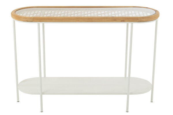 Console Bali ovale bois d'épicéa fer blanc plateau verre tressé 120 cm.