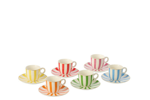 Coffret cadeau 6 tasses espresso et sous-tasses porcelaine rayures couleurs arc-en-ciel.