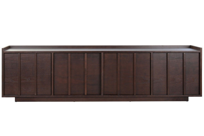 Meuble TV en MDF façon noyer 200 cm à portes en relief.