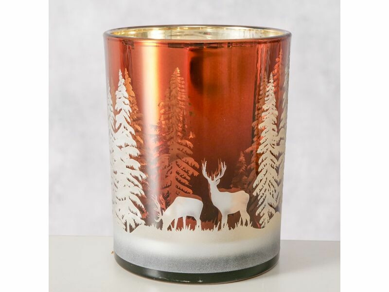 Photophore moyen modèle en verre ambré décoré de sapins et de cerfs avec intérieur doré