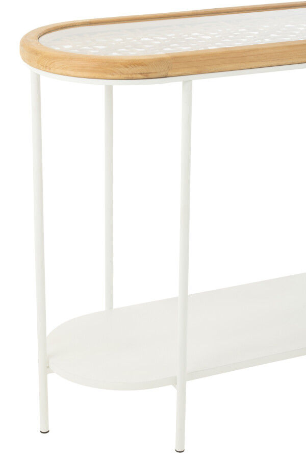Console Bali ovale bois d'épicéa fer blanc plateau verre tressé 120 cm.