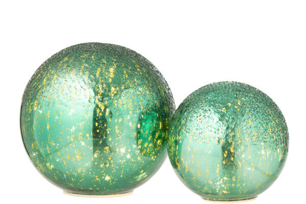 Boules décoratives en verre vert craquelé avec éclats dorés, en deux tailles.