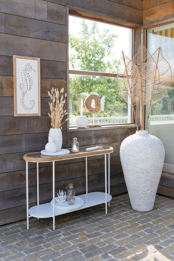 Console Bali ovale bois d'épicéa fer blanc plateau verre tressé 120 cm.