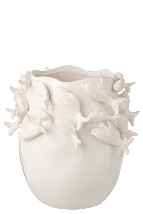 Grand Vase Poisson Argile Écru Jolipa décoration relief poissons 37 cm.