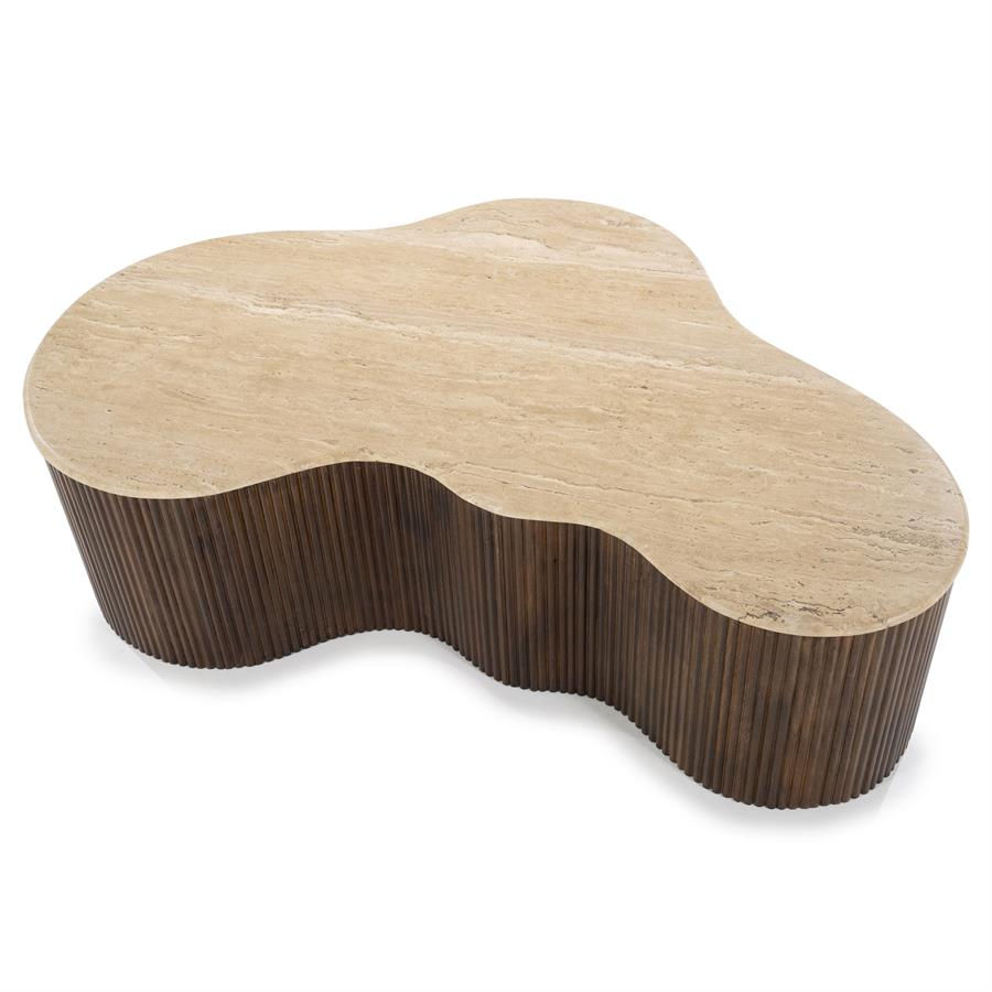 Table basse Mary bois manguier et plateau travertin 129x84x36 cm