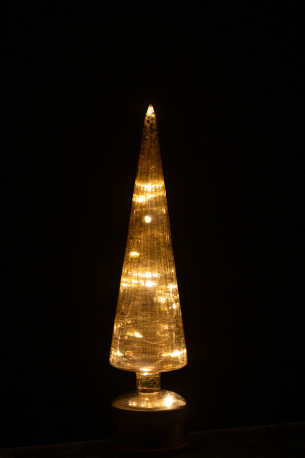 Sapin LED tournant en verre doré diffusant une lumière chaude et festive