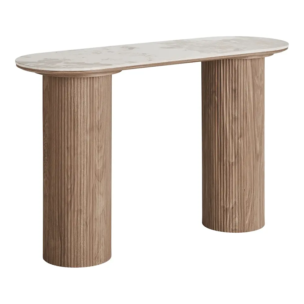 Console Athens en bois et céramique effet marbre, design moderne avec pieds cylindriques rainurés