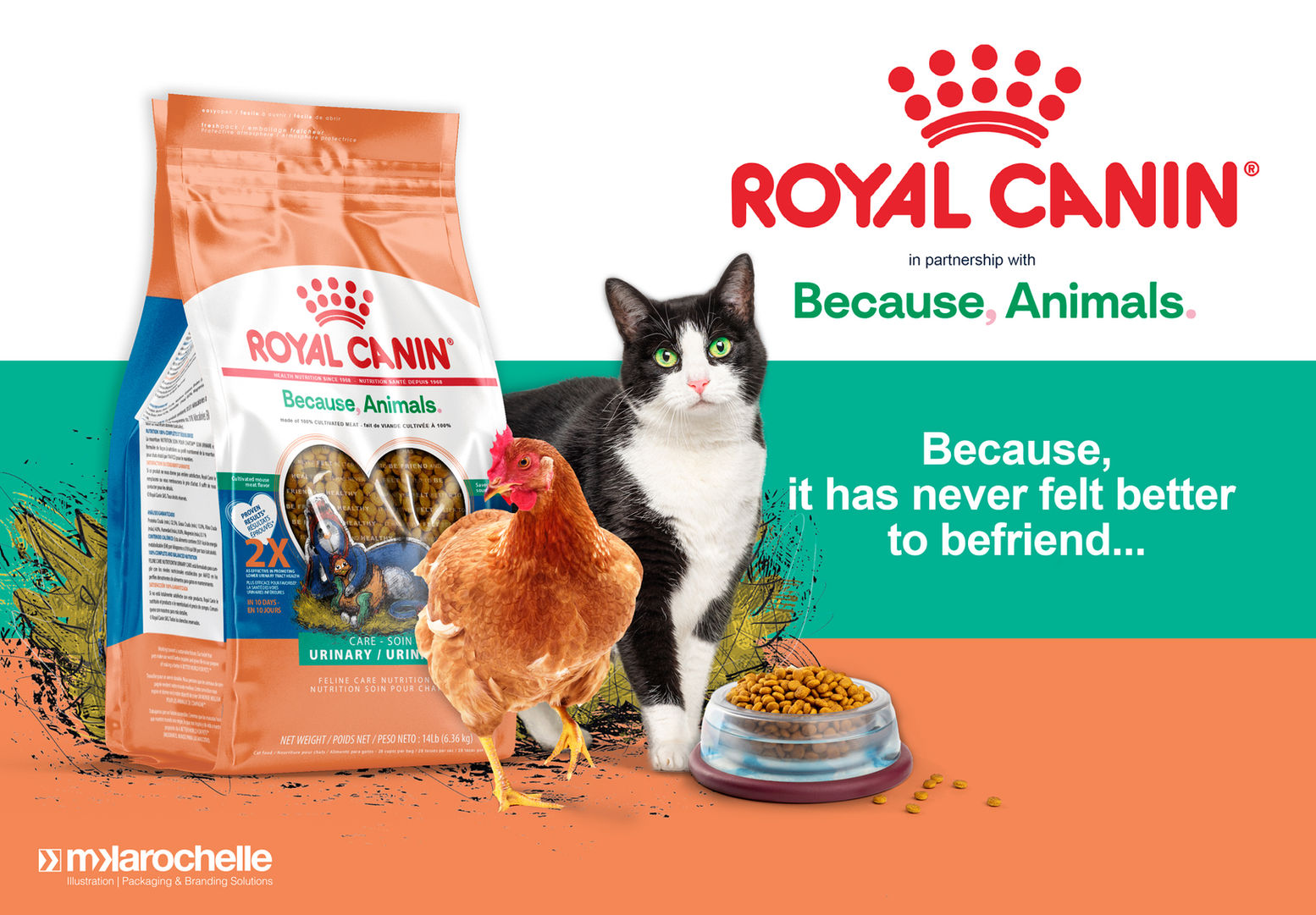 Friendship, friendship between cat and chicken, delicious, Cat and chicken, chick, illustration, painting, linocut, children illustration, cat, hen, rooster, bird, relaxing, cuddling, happy chicken, happy cat, barn, chicken scoop, Royal Canin, Because Animals, Lab meat, Cultivated Meat, Cat food, pet treats, case study, graphic design, packaging, branding, future, innovation, technology, lab grown meat, pet food, chicken flavour, dry food, United States, Singapore, Dubai, Netherlands, Europe, America, pet food packaging, mklarochelle, mk larochelle, mklarochelleartist, @mklarochelleartist, @mklarochelle, @royalcanin, @becauseanimals