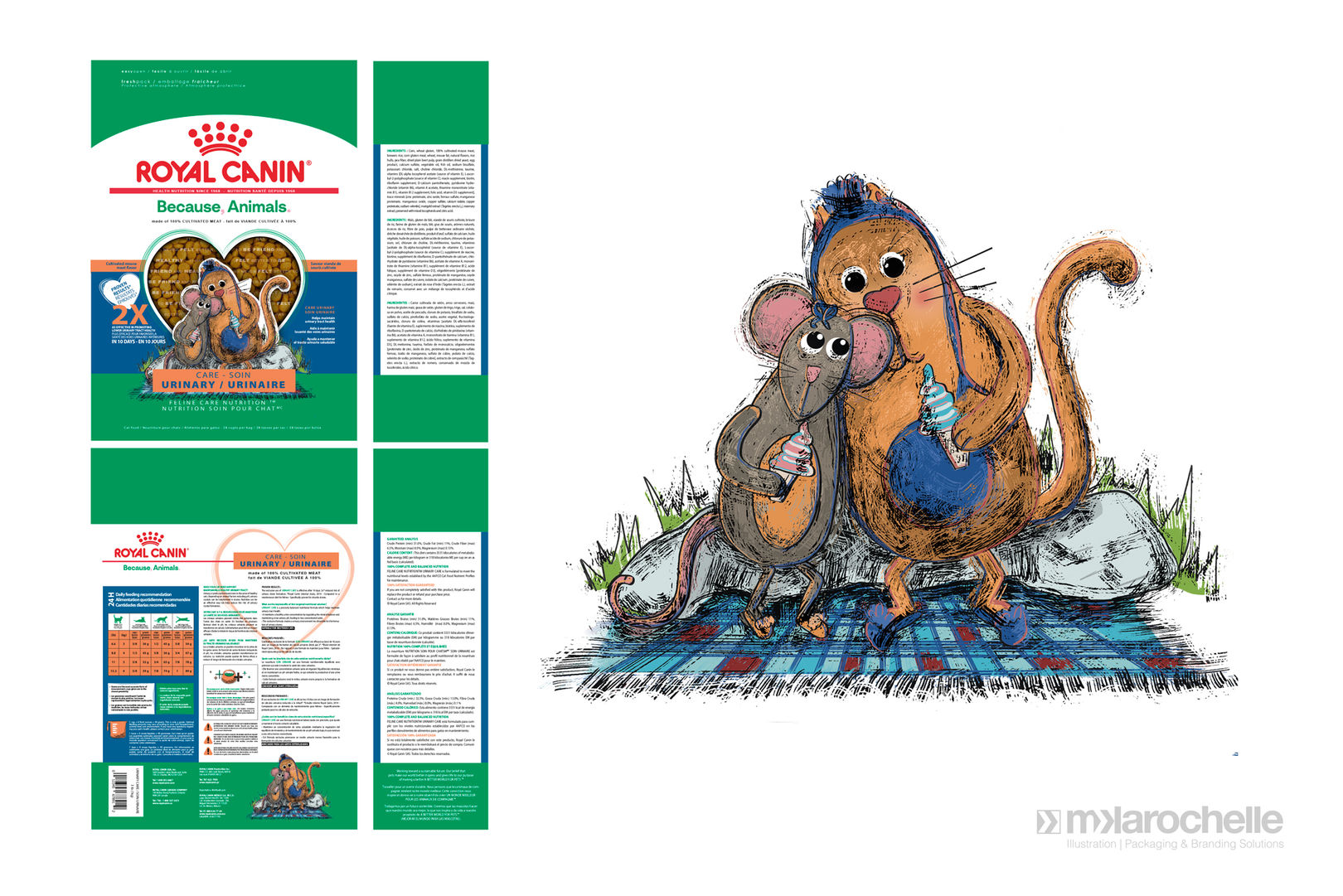 Cat and mouse, illustration, painting, linocut, children illustration, cat, mouse, ice cream, picnic, orange cat, Royal Canin, Because Animals, Lab meat, Cultivated Meat, Cat food, pet treats, mouse flavour, case study, graphic design, packaging, branding, future, innovation, technology, lab grown meat, pet food, tuna flavour, chicken flavour, dry food, wet food, United States, Singapore, Dubai, Netherlands, Europe, America, pet food packaging, mklarochelle, mk larochelle, mklarochelleartist, @mklarochelleartist, @mklarochelle