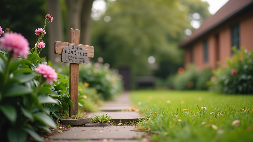 Eye-level view of a serene pet memorial garden with flowers and a small plaque