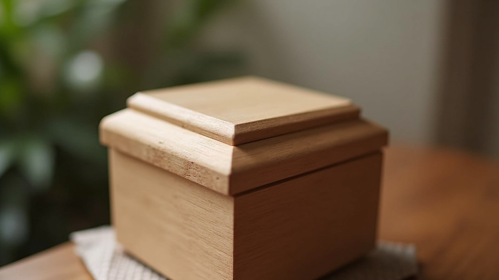 Close-up view of a wooden urn for pet ashes
