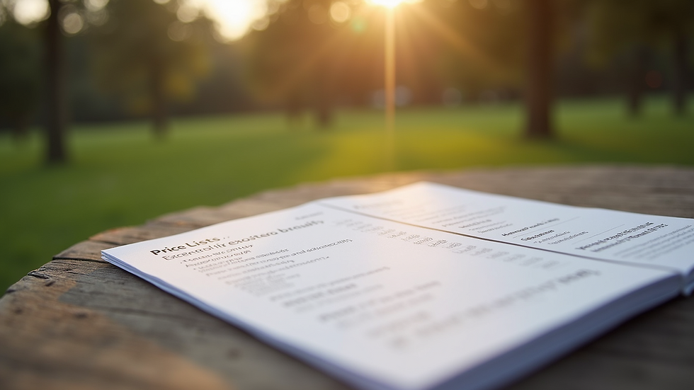 High angle view of a price list brochure for pet burial services on a table