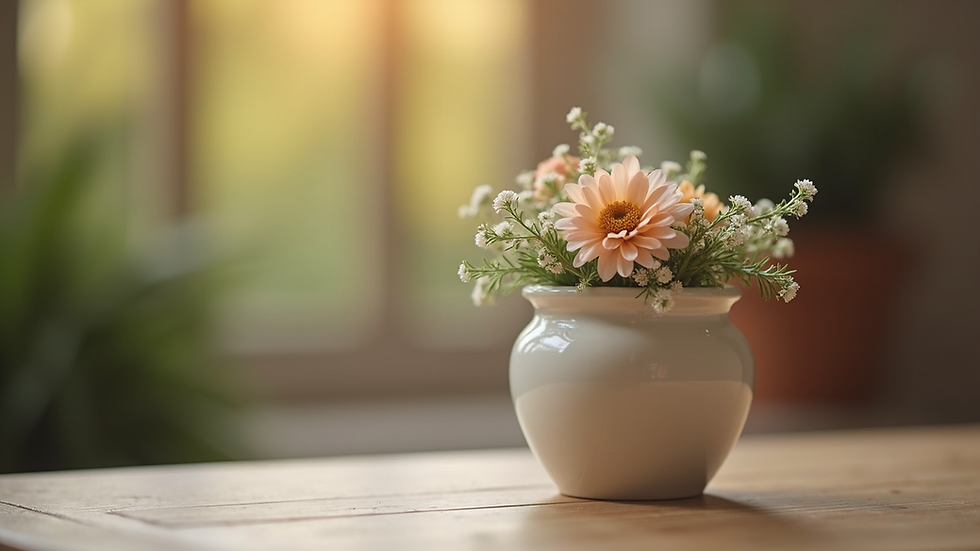 Close-up view of a simple pet urn with floral decoration