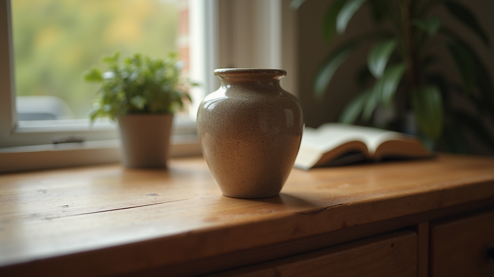 High angle view of a pet urn placed on a wooden table