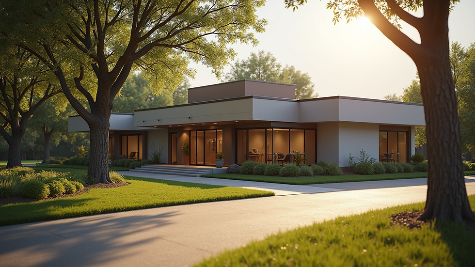 Eye-level view of a peaceful pet cremation facility exterior