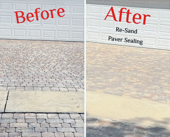 Before and after photo of paver cleaning, sanding, and sealing in Broward County by Two Brothers Pressure Cleaning showing restored color, sealed surface, and stabilized joints on a brick driveway.