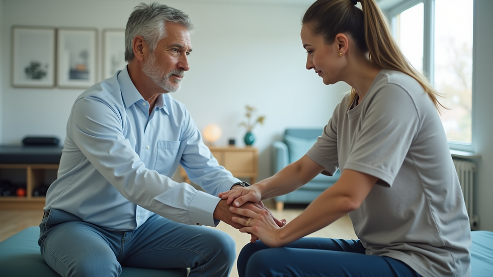 Eye-level view of a physical therapist guiding a patient through a stretching exercise