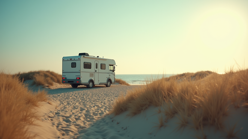 Wide angle view of a camper parked at a scenic dune area near Den Helder