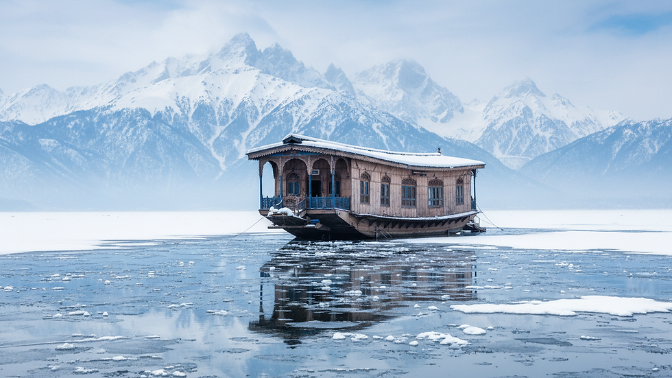 Eye-level view of a traditional Kashmiri houseboat on Dal Lake