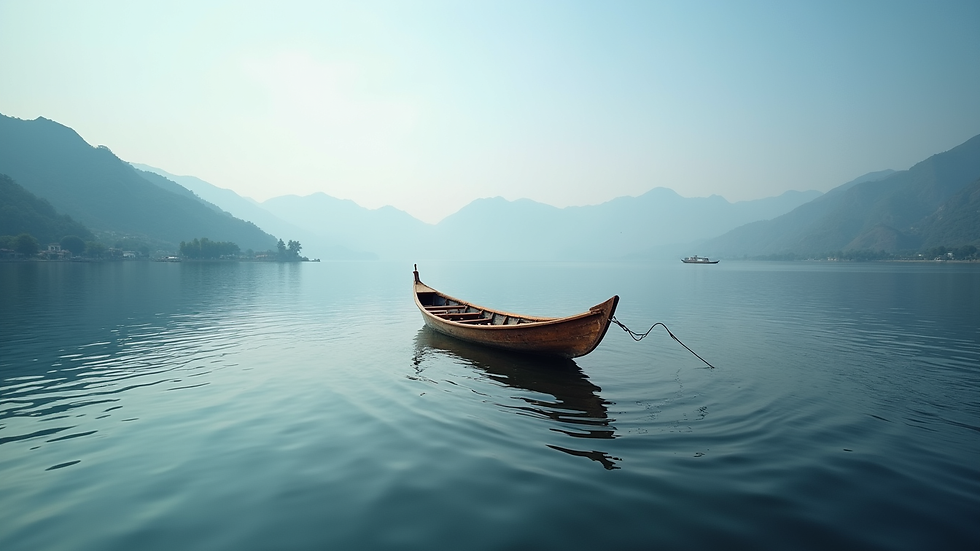 High angle view of a private shikara on Dal Lake surrounded by mountains