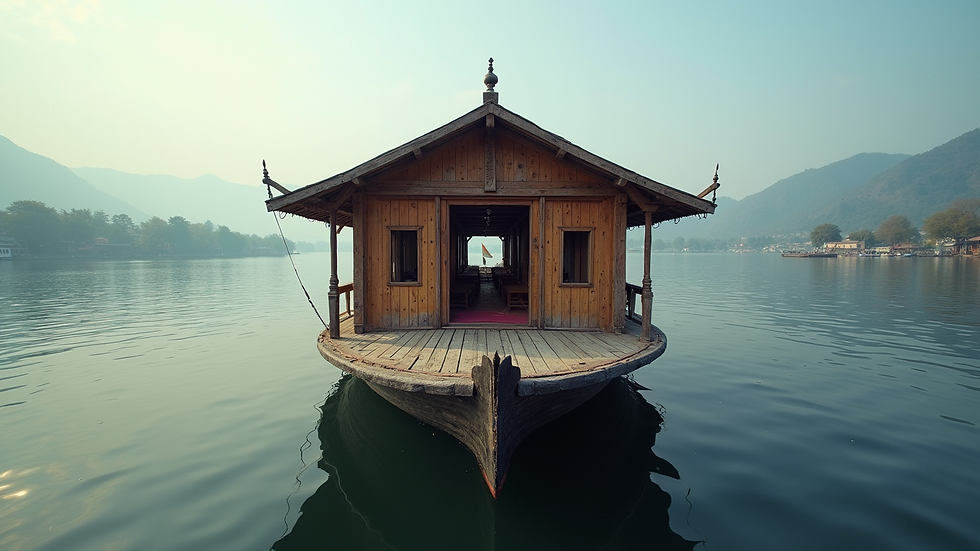 Eye-level view of a traditional Kashmiri houseboat on Dal Lake