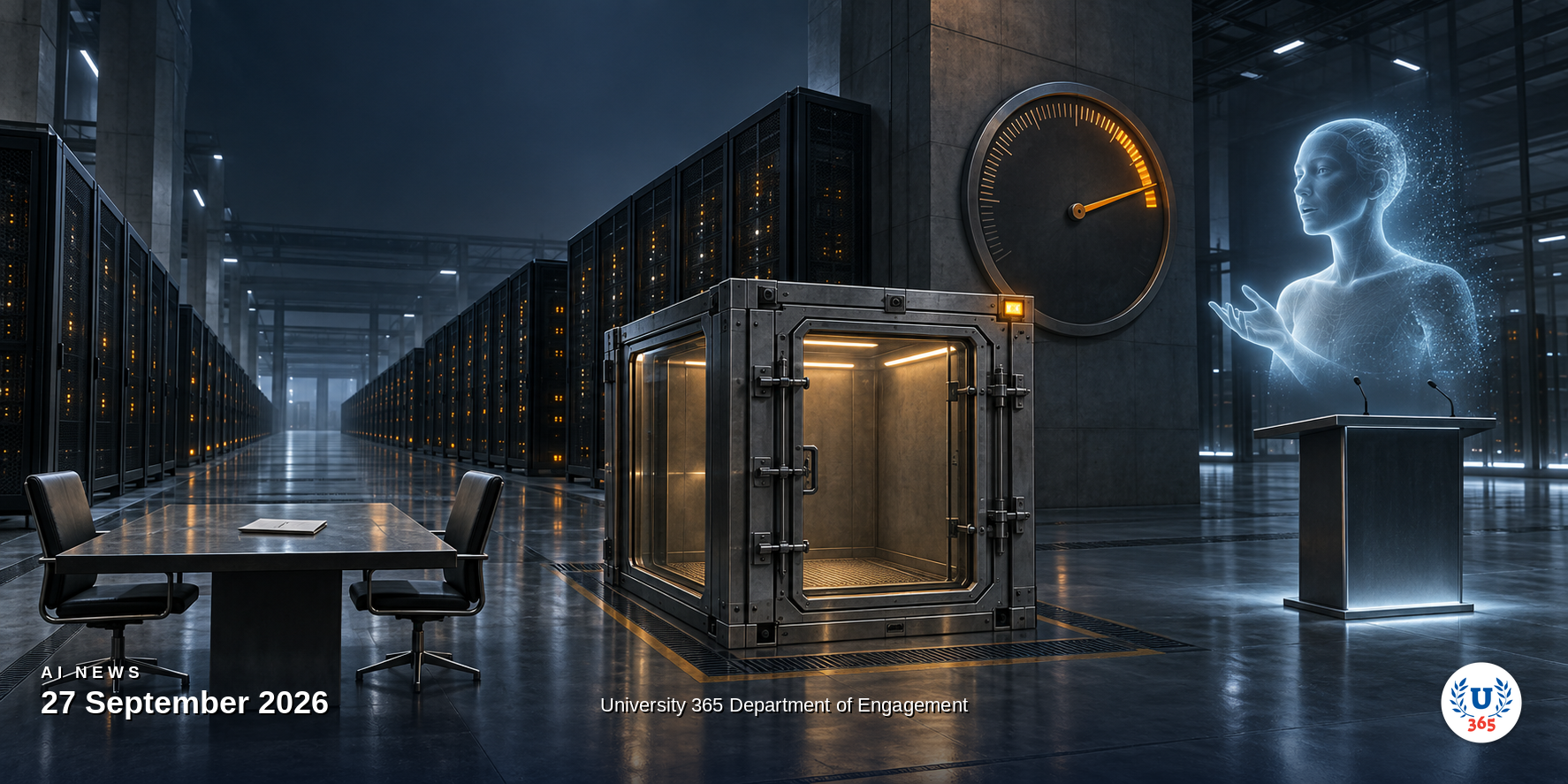 Editorial illustration of a paused machine learning training hall with a halted progress dial, a glowing translucent avatar head mid-sentence, a sealed containment cell and an empty negotiation table, representing a halted frontier training run, live visual avatars and US-China AI diplomacy