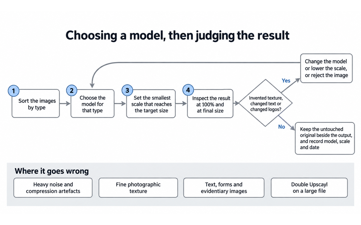 A diagram of the workflow this review recommends: sort the images by type, choose the model for that type, set the smallest scale that reaches the target size, then inspect the result at 100 percent and at final size, with the decision to change the model or reject the image looping back, and the four conditions where the tool goes wrong