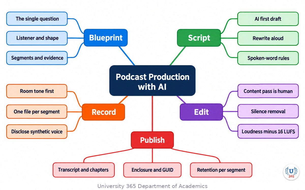 Complete mindmap of AI-assisted podcast production from blueprint to feed