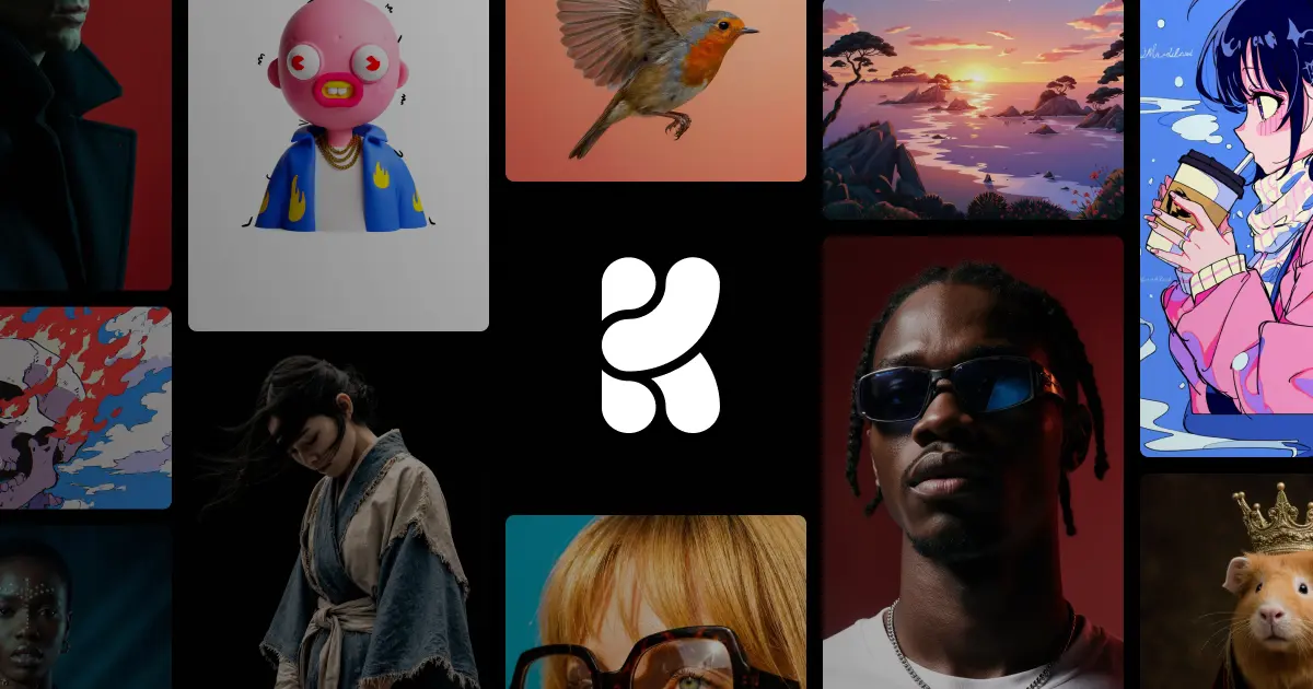 The Krea profile card, the vendor's own social image, showing the range of output the platform produces across photorealism, 3D, anime, painting and product imagery