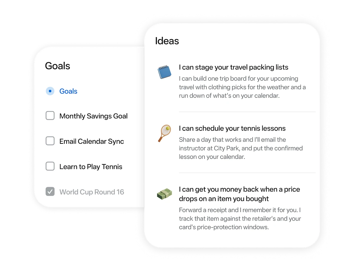 Muse goals and ideas tracker: action plans, progress tracking and proactive suggestions