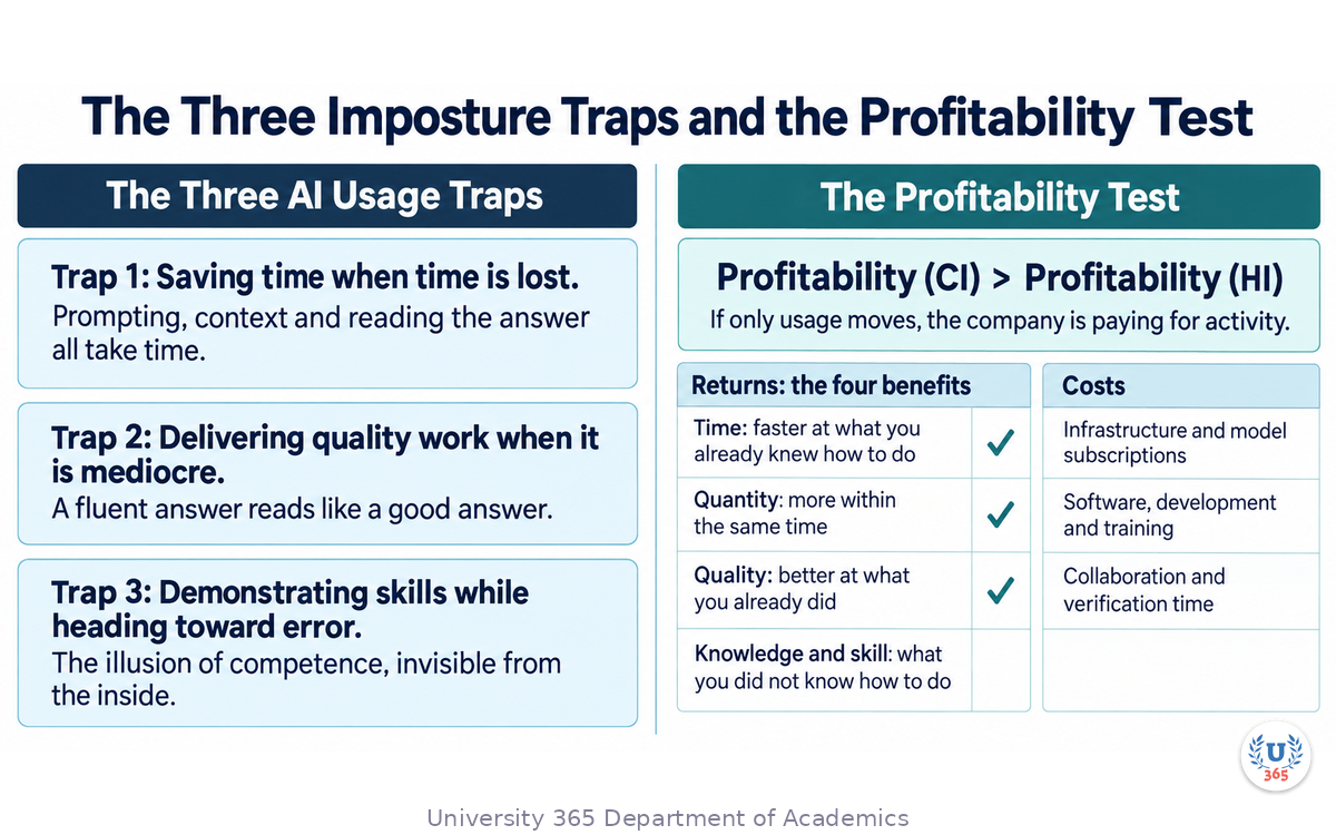 The three imposture traps beside the profitability arithmetic, with the four benefits on the return side and collaboration and verification time on the cost side