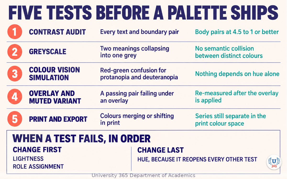 The five palette tests, what each catches, and the pass condition