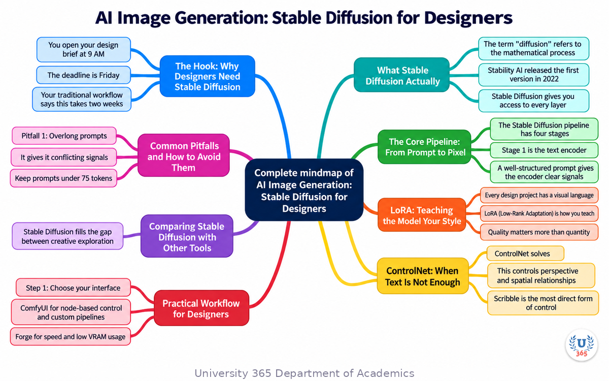 Complete mindmap of AI Image Generation: Stable Diffusion for Designers