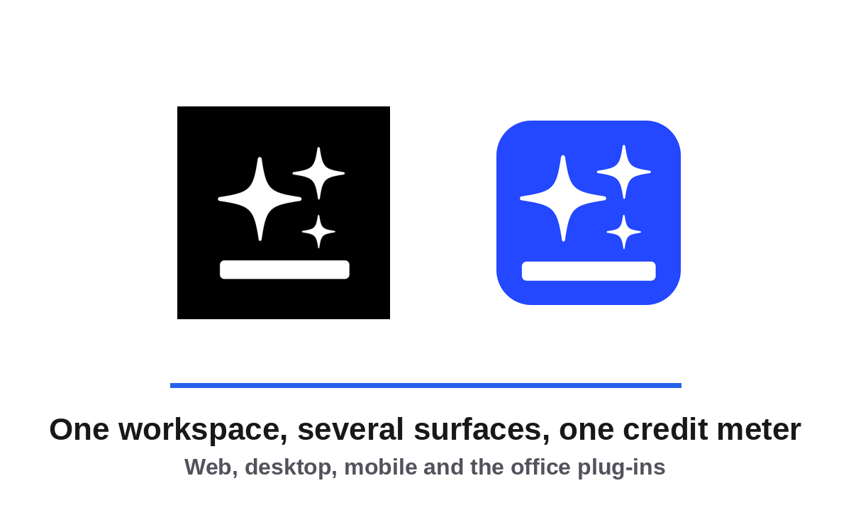 The Genspark app icon beside the Genspark logo mark, captioned one workspace, several surfaces, one credit meter