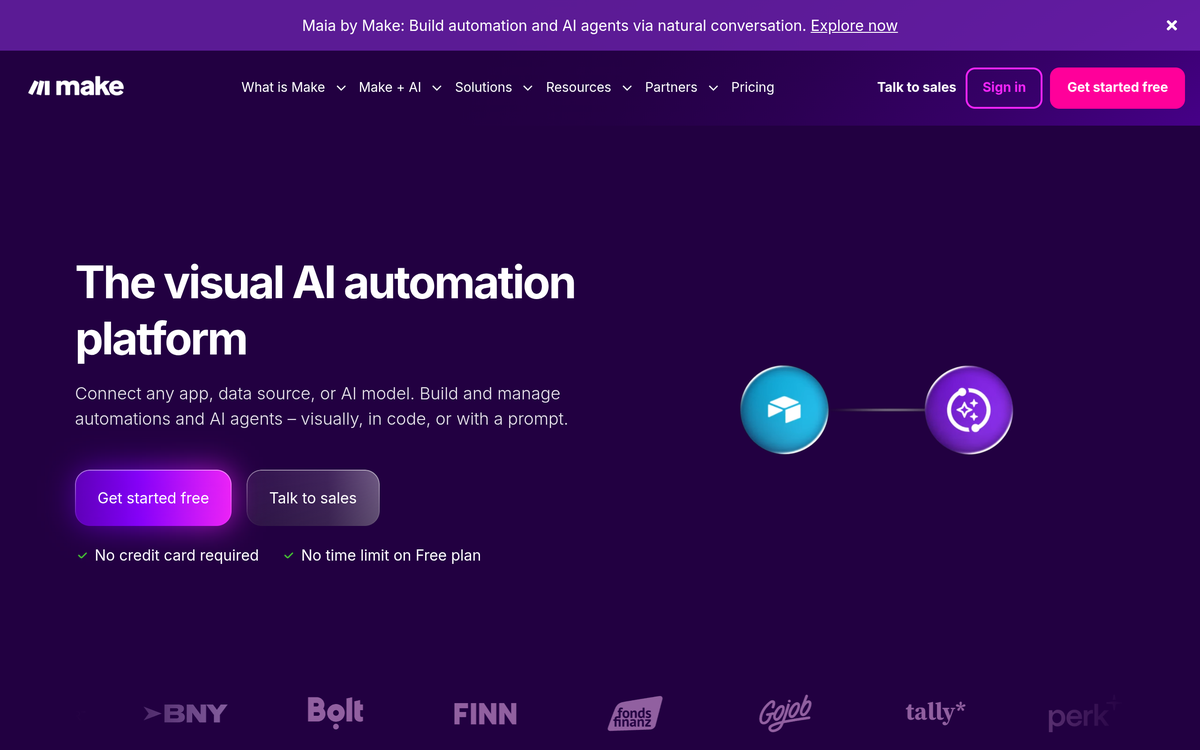 The Make homepage as read on 2026-09-28, stating the platform's own tagline "The visual AI automation platform" above the no-time-limit free-plan line