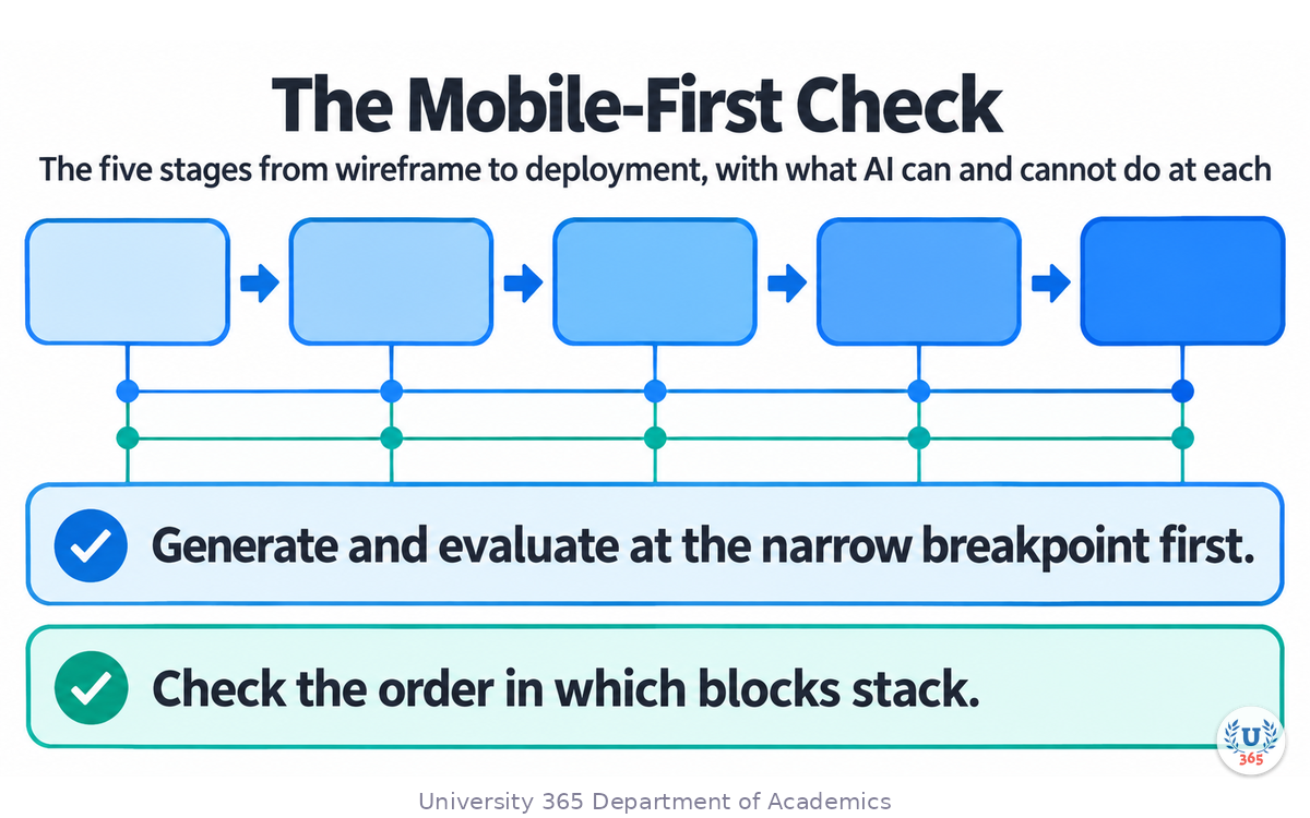 The five stages from wireframe to deployment, with what AI can and cannot do at each