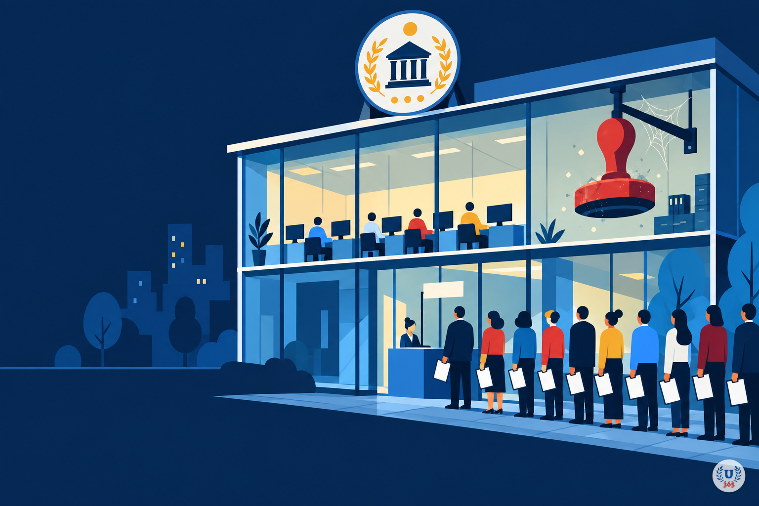 Illustration: an office cutaway with workers at monitors and an unused stamp hanging from the ceiling, as figures queue outside at a blank-sign desk.