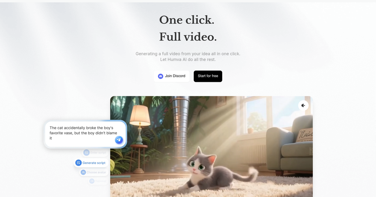 Humva: the vendor's own product page, showing the one-click agent path from a one-line title to a finished avatar video, read at www.humva.com during September 2026