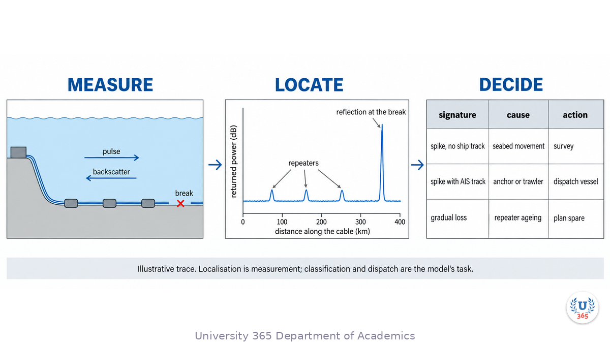 Three panels: a pulse and its backscatter along a cable to a break, an OTDR trace with a spike at the break, and a decision table from signature to action.