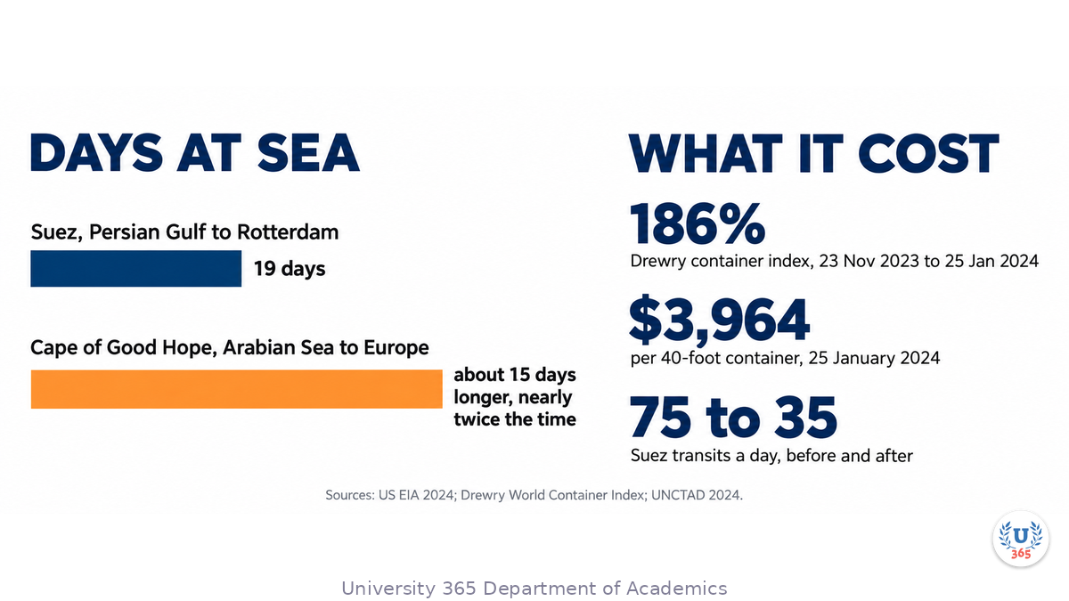 Two-panel diagram. The Suez route from the Persian Gulf to Rotterdam takes 19 days. The Cape route from the Arabian Sea to Europe takes about 15 days more, nearly twice the time. Container freight rates went from 1,384 dollars per 40-foot container on 23 November 2023 to 3,964 dollars on 25 January 2024, a rise of 186 per cent. Daily Suez transits fell from about 75 to about 35 vessels.