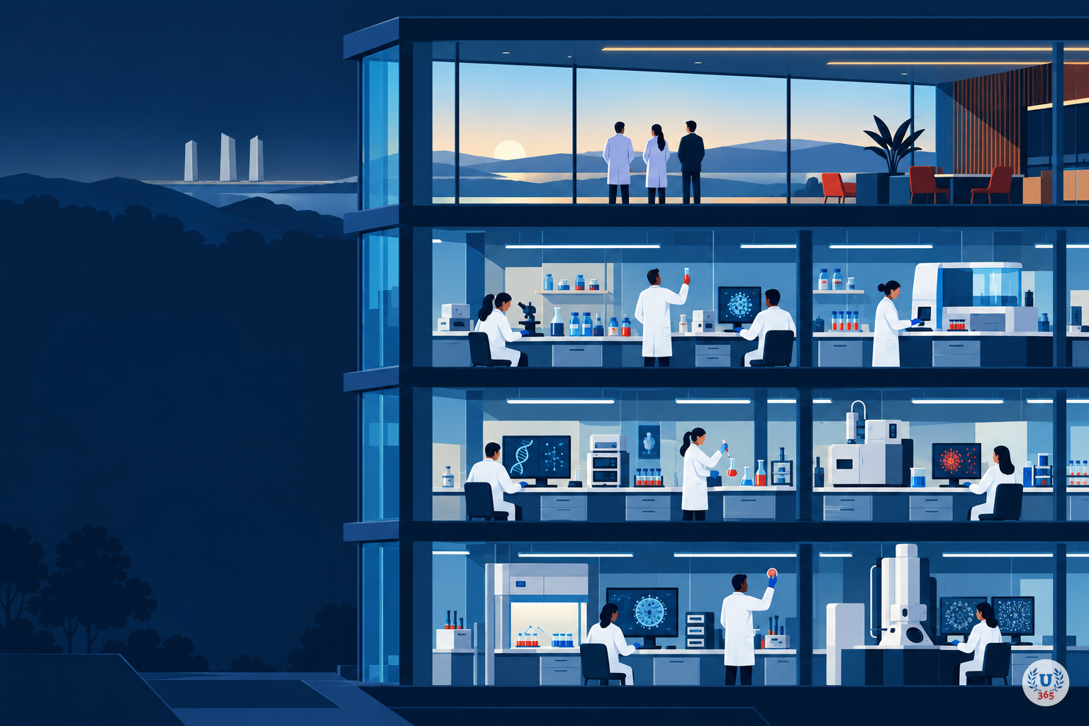 Illustration: a research building with a small group at a machine, and a distant horizon of foreign towers.