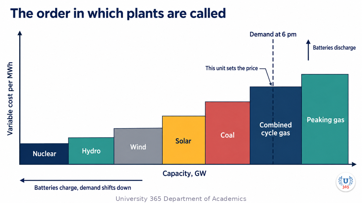 Stylised merit order diagram. Capacity runs left to right, variable cost per MWh upward. Labelled blocks run nuclear, hydro, wind, solar, coal, combined cycle gas, peaking gas. A dashed demand line crosses near the right and marks the unit that sets the price. Arrows show batteries charging below the curve and discharging above it.