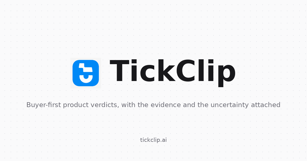 TickClip: the vendor's own brand card, carrying the blue TickClip mark and its statement of the product's position, read at tickclip.ai on 2026-09-25