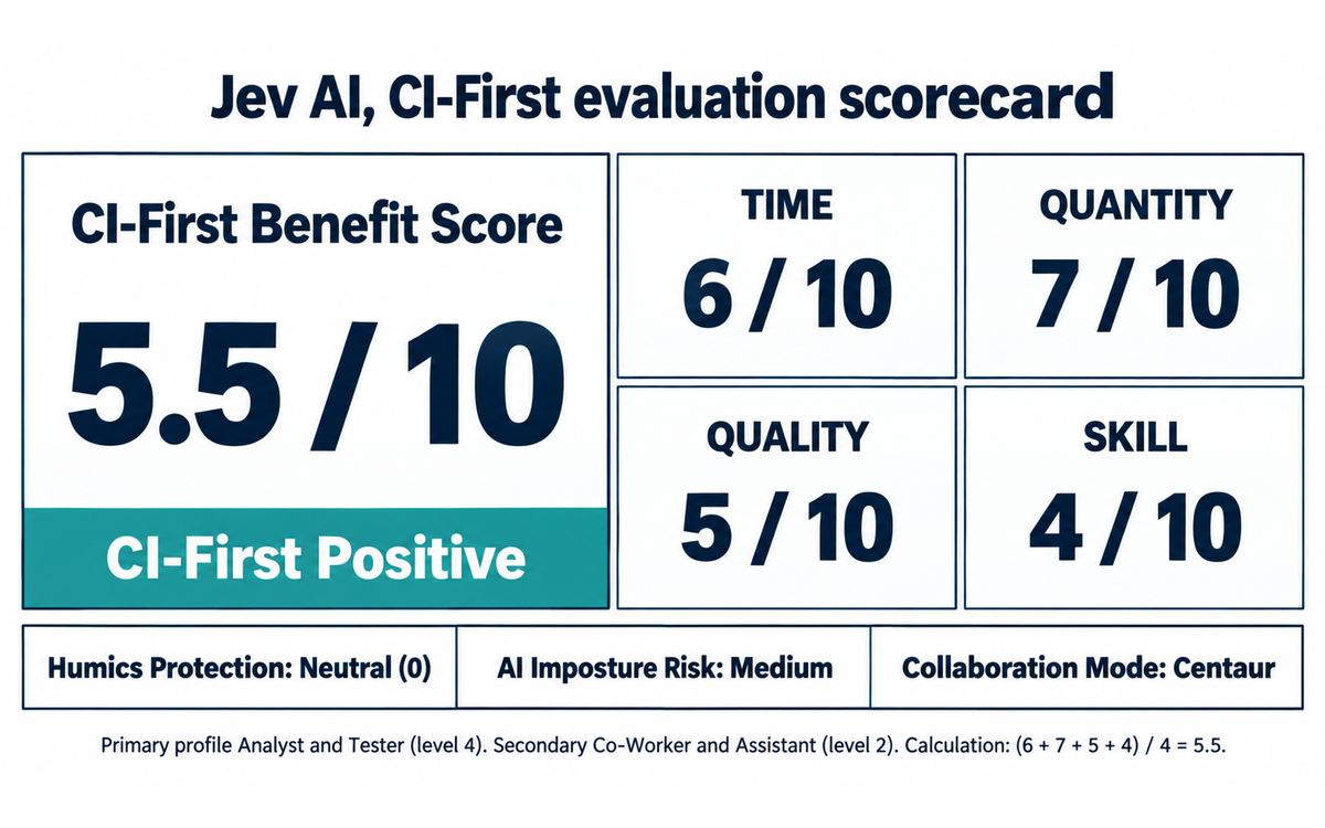 CI-First evaluation scorecard for Jev AI: benefit score 5.5 out of 10, Time 6, Quantity 7, Quality 5, Skill 4