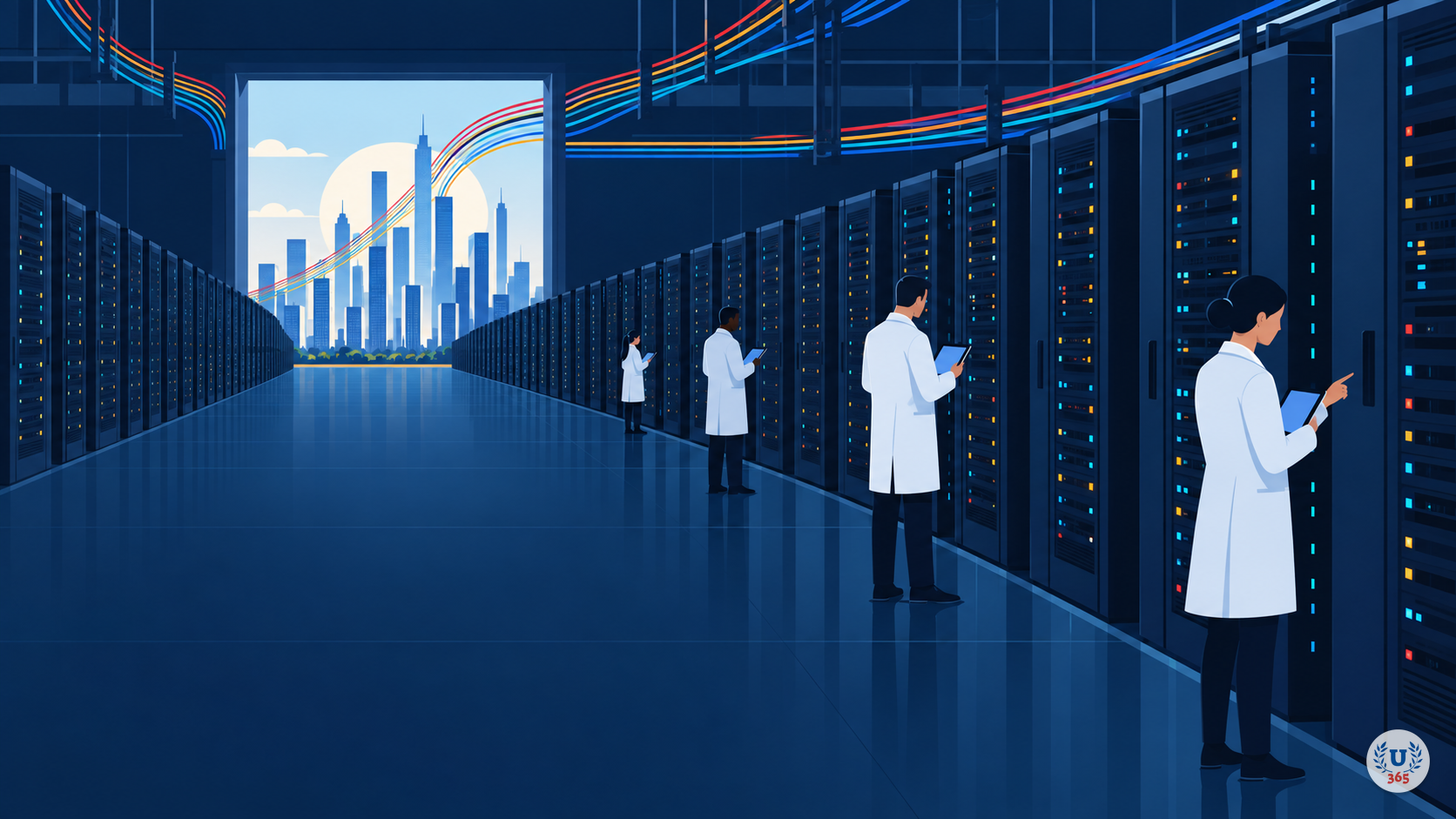 Illustration: a data hall of server racks where inspectors walk the aisles with tablets, and cables run out toward distant skyscrapers.