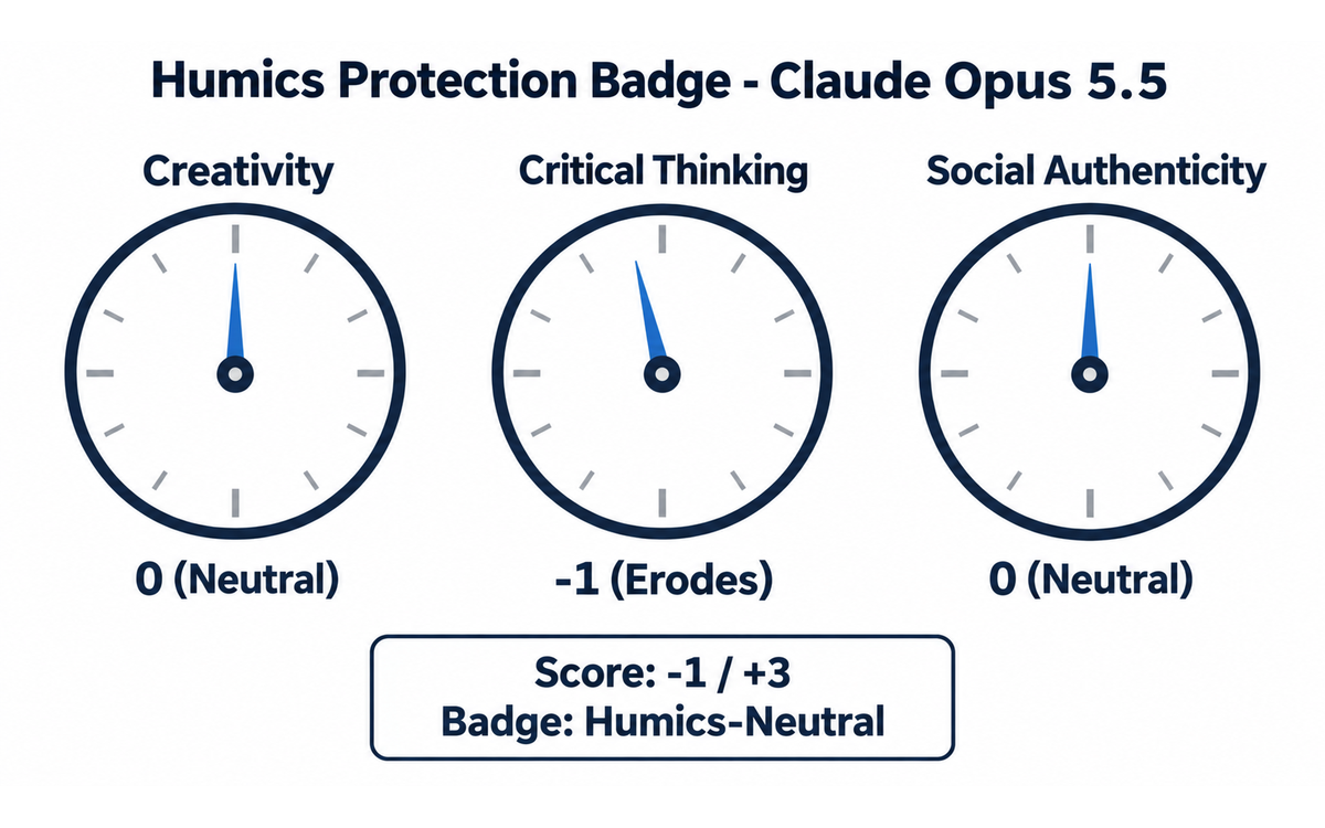 Infographic showing the Humics Protection Badge dials for Claude Opus 5.5: Creativity 0 Neutral, Critical Thinking minus 1 Erodes, Social Authenticity 0 Neutral, scoring minus 1 of plus 3 for a Humics-Neutral badge
