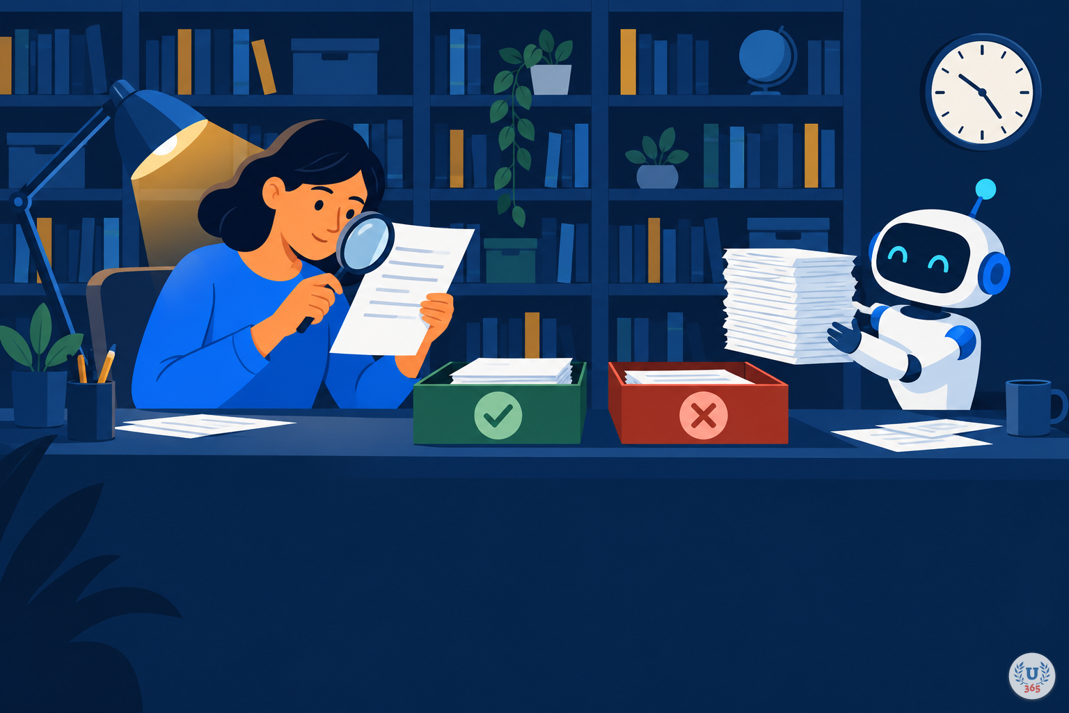 Illustration: a person inspects a printed page with a magnifying glass while a robot delivers a stack of pages; sorting trays carry green check and red cross stamps.